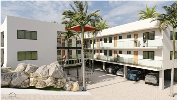 Render de condominio con palmeras y escalera helicoidal