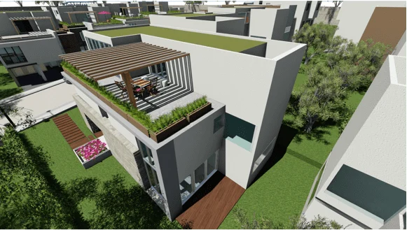 Render de residencia con terraza y pérgola en azotea