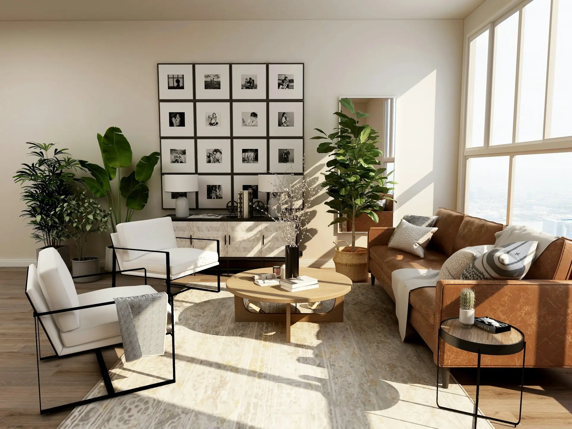 Estancia moderna con muro de madera y cocina abierta